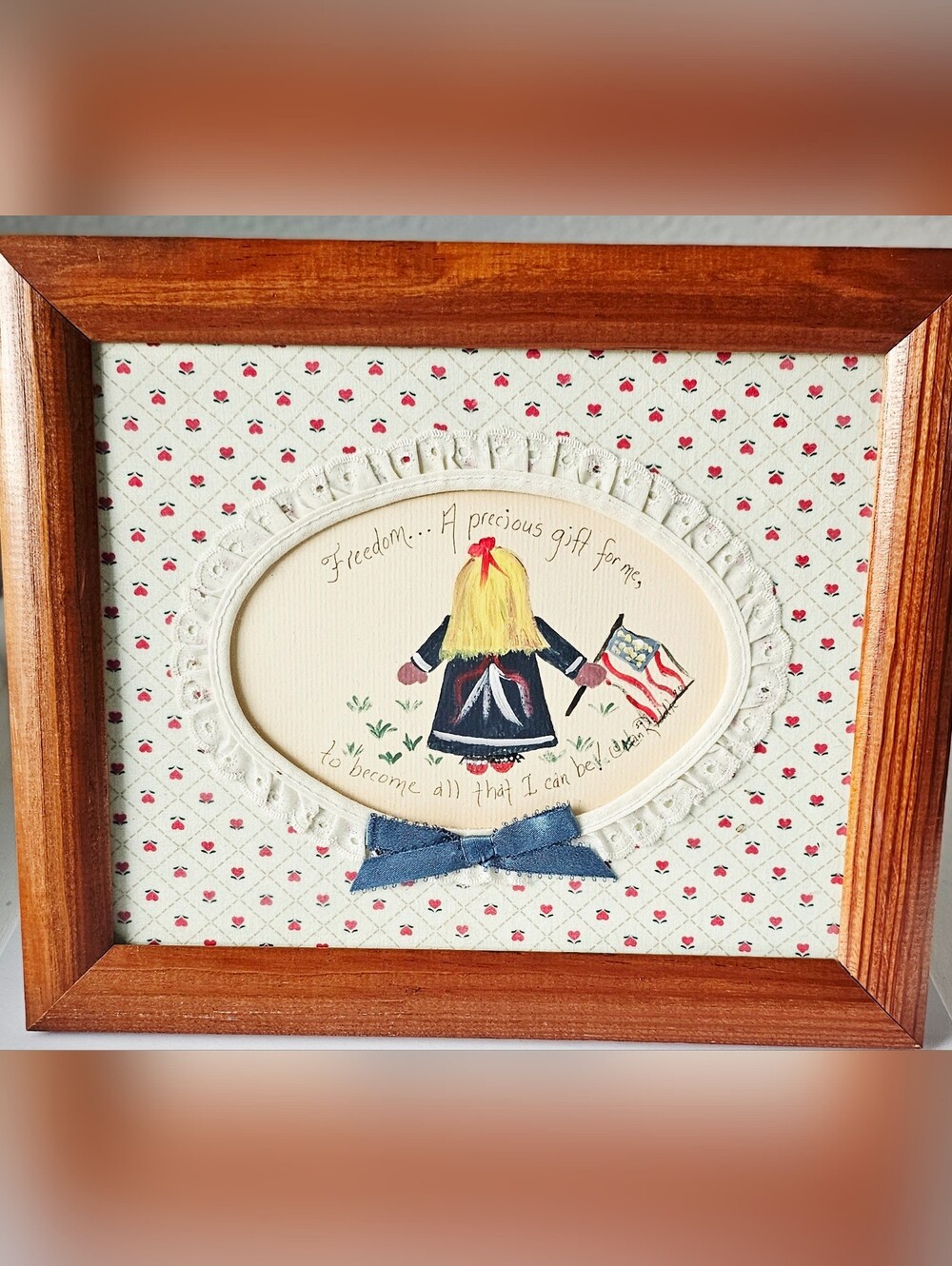 Signed Nan Riddle 1990 Framed Folk Art Americana Freedom Wall Decor 12x10